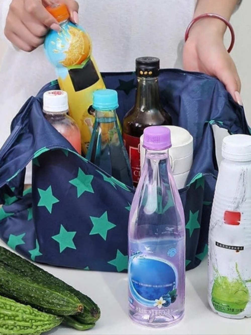 Foldable Star Print Tote in Blue & Green